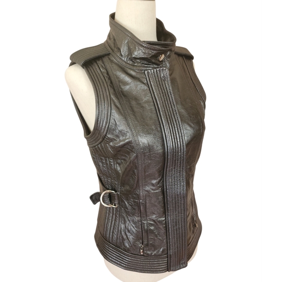 St. John Jackets & Blazers - St. John Metallic Lambskin Leather Moto Biker Vest Silk Lined Sz 2